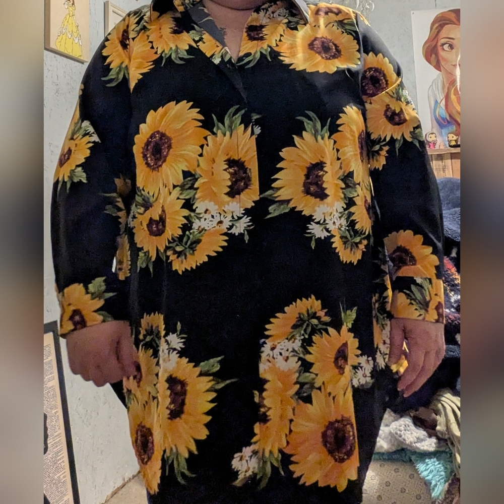 Sunflower Print Black Long Sleeve Button Up Shirt